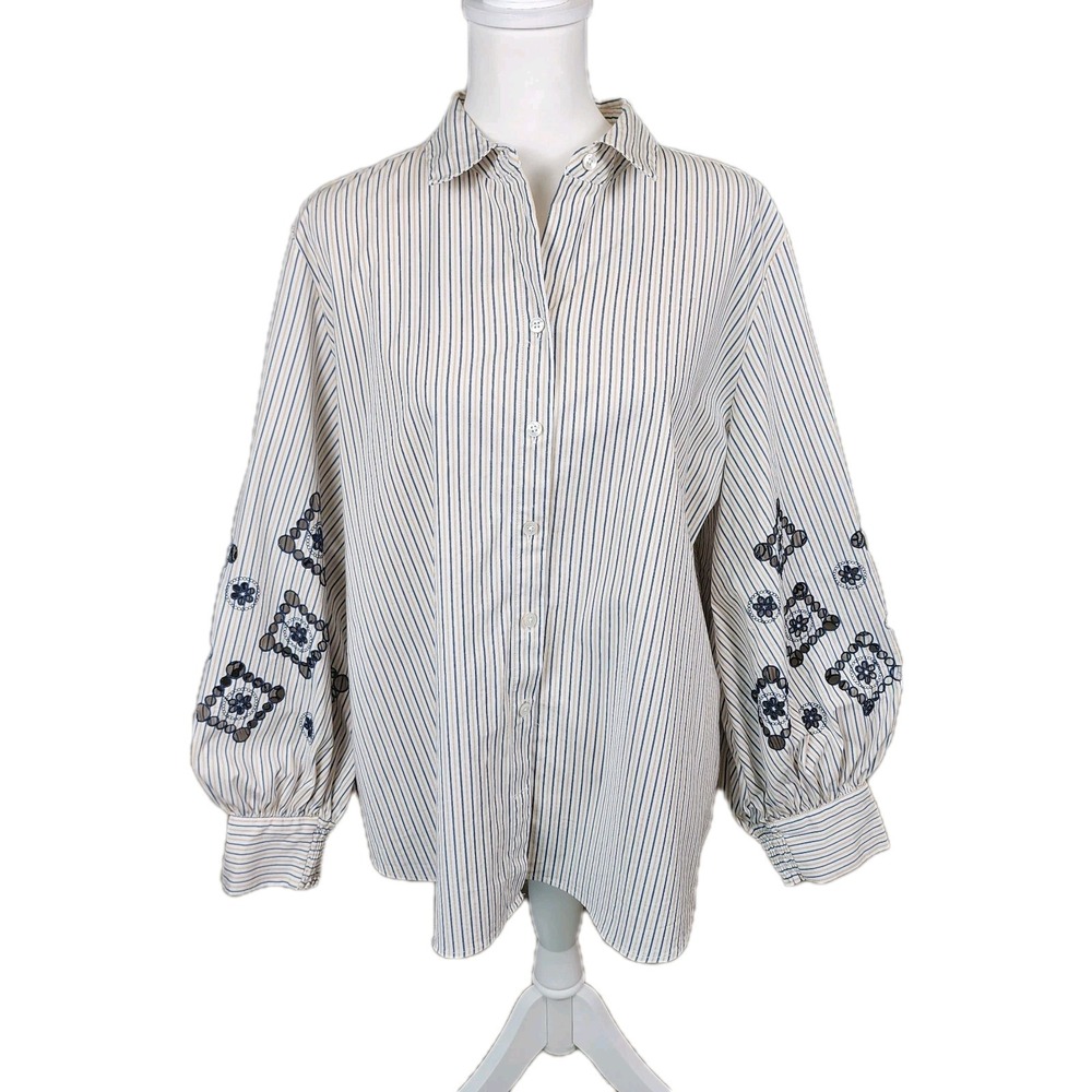 Chico's 3 Poplin Tunic Shirt Womens XL Navy White Stripe Embroidered Boho Casual